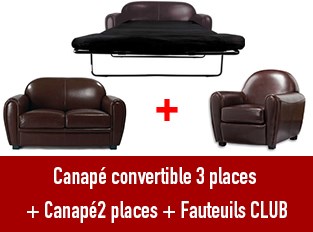 Set 3 canapés Club 3 places convertible 2 places et Fauteuil marron