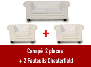 Set 3 Chesterfield un canapé 2 places et 2 fauteuils blanc