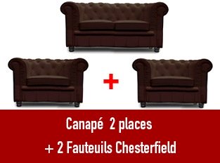 Set 3 Chesterfield un canapé 2 places et 2 fauteuils marron