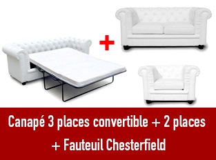 Set 3 canapés Chesterfield 3 places convertible 2 et 1 places blanc