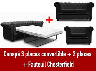 Set 3 canapés Chesterfield 3 places convertible 2 et un fauteuil noir