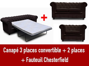 Set 3 canapés Chesterfield 3 places convertible 2 et un fauteuil marron