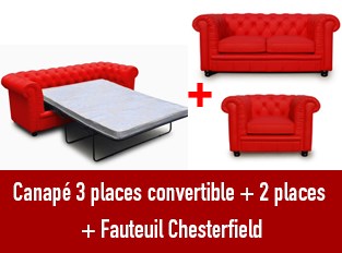 Set 3 canapés Chesterfield 3 places convertible 2 et un fauteuil rouge