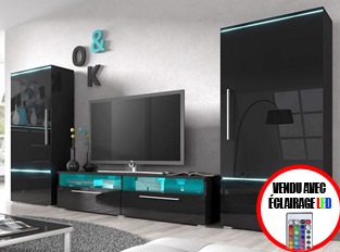 Ensemble meuble TV couleur laqué noir brillant avec éclairage LED PRADOR