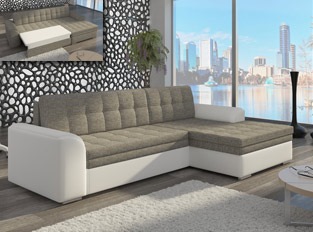 Canapé d'angle convertible design LORA bicolore Blanc PU Taupe tissu