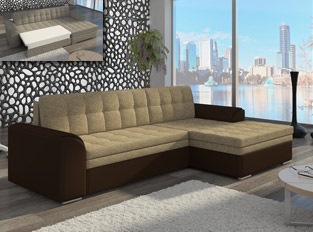Canapé d'angle convertible design LORA bicolore Marron PU Beige tissu