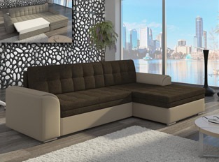 Canapé d'angle convertible design LORA bicolore Beige PU Marron tissu