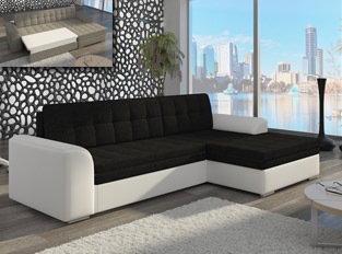 Canapé d'angle convertible design LORA bicolore Blanc PU Noir tissu