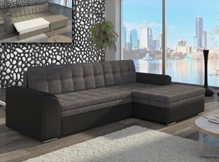 Canapé d'angle convertible design LORA bicolore Noir PU Gris tissu