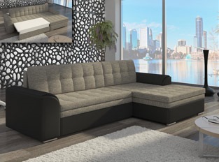 Canapé d'angle convertible design LORA bicolore Noir PU Taupe tissu