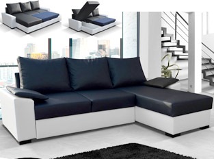 Canapé d'angle convertible design STONE bicolore Blanc Noir PU