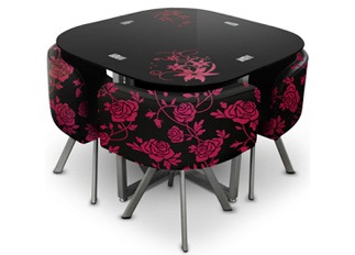 Table damier 4 chaises Fleurs Rouge Noir