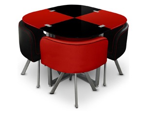 Table damier 4 chaises Rouge Noir