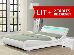 Lit design Julia Blanc 140cm avec 2 tables de chevet