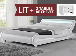 Lit led design Julio 140cm avec 2 Tables de chevet EVA Blanc