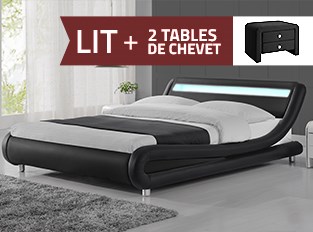 Lit led design Julio 140cm avec 2 Tables de chevet EVA Noir