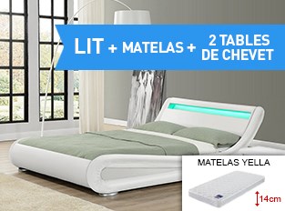 Lit led Julia 140cm avec Matelas Yella et 2 chevets Eva Blanc