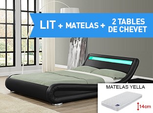 Lit led Julia 140cm avec Matelas Yella et 2 chevets Eva Noir