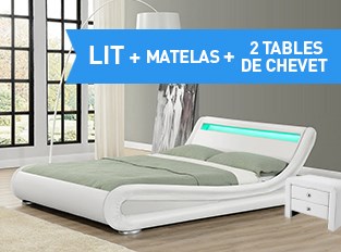 Lit led Julia 160cm avec Matelas et 2 chevets Eva Blanc