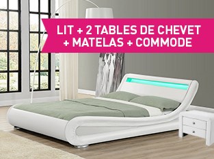 Lit led Julia 160cm avec 2 tables chevet Eva matelas Valveo et commode Eva Blanc