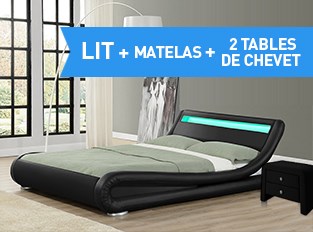 Lit led Julia 160cm avec Matelas et 2 chevets Eva Noir