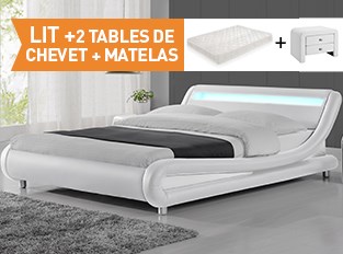 Lit led Julio 140cm avec 2 tables chevet Eva et matelas Yella Blanc