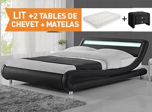 Lit led Julio 140cm avec 2 tables chevet Eva et matelas Yella Noir