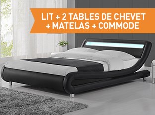 Lit led Julio 140cm avec matelas 2 tables de chevet et commode Eva noir