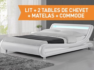 Lit led Julio 140cm avec matelas Yella 2 tables de chevet et commode Eva Blanc