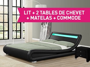 Lit led Julia 140cm avec matelas 2 tables de chevet et commode Eva noir