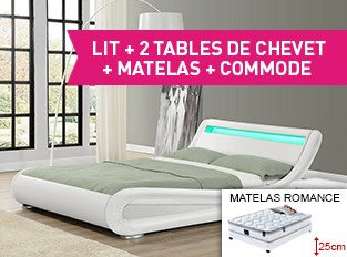 Lit led Julia 140cm avec matelas Romance 2 tables de chevet et commode Eva blanc