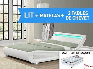Lit led Julia 140cm avec Matelas Romance et 2 chevets Eva Blanc
