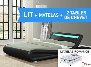 Lit led Julia 140cm avec Matelas Romance et 2 chevets Eva Noir